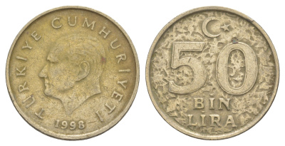 Турция 50000 лир 1998 Кемаль Ататюрк KM 1056 медь цинк никель 4648-924