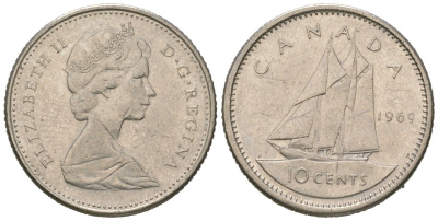 Канада 10 центов 1969 парусник, Елизавета II (1952-2022) KM 77 никель 4618-722