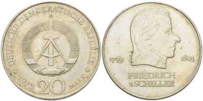 ГДР 20 марок 1972 А, Фридрих Шиллер (1759-1805) KM 40 медно-никель 4521-634