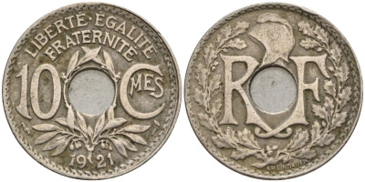 Франция 10 сантимов 1921 тип Линдайё KM 866a, Le Franc 138.3 медно-никель 4143-912
