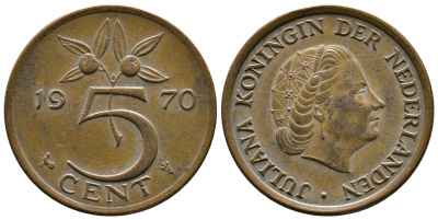 НИДЕРЛАНДЫ 5 ЦЕНТОВ 1970 ЮЛИАНА KM 181 бронза 261-444