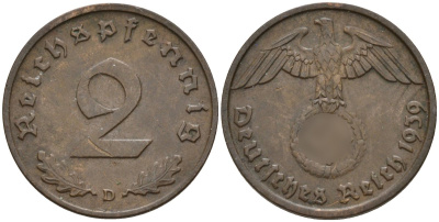 Германия 2 рейхспфеннига 1939 D KM 90, J. 362 бронза 4151-142