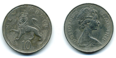 Великобритания 10 пенсов 1970 Елизавета II (1952-2022) KM 912, Spink 4231 (F1) медно-никель  4110-1234