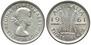 Австралия 3 пенса 1961 m, Елизавета II (1952-2022) KM 57 серебро 71-716