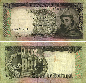 Португалия 20 эскудо 1964 Антоний Падуанский Pick 167 b бумага VF 8606-16-1-1