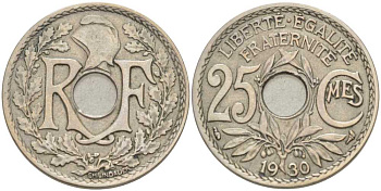 ФРАНЦИЯ 25 САНТИМОВ 1930 ТИП ЛИНДАЙЁ KM 867а, LE FRANC 171.14 медно-никель 202-117