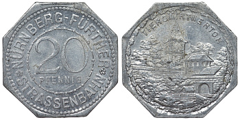 Германия, Нюрнберг - Фюрт 20 пфеннигов ND трамвайный жетон, ворота в зоопарк алюминий UNC 4119-712