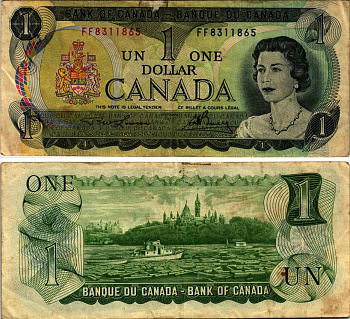 Канада 1 доллар 1973 Елизавета II (1952- ), здание парламента на реке Оттава, Lawson-Bouey, серии 2 буквы Pick 85 a (1)  бумага   435-46-2-2