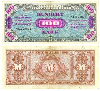 Германия, оккупация союзниками 100 марок 1944 8 цифр, без кода, выпуск СССР Pick 197 d, Розенберг 206 d бумага 7207-38-3