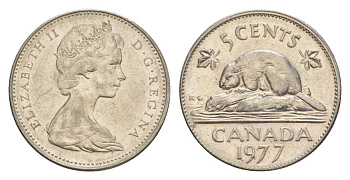 Канада 5 центов 1977 Елизавета II (1952-2022), бобр KM 60.1 никель 4630-725