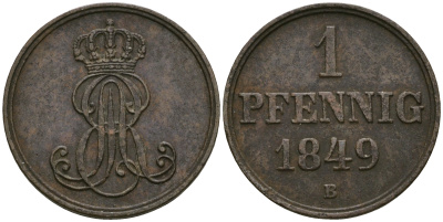 Ганновер 1 пфенниг 1849 B, Эрнст Август (1837-1851) KM 201.1, AKS 129, J. 74 медь 4608-1037