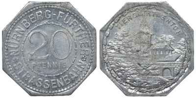 Германия, Нюрнберг - Фюрт 20 пфеннигов ND трамвайный жетон, ворота в зоопарк алюминий UNC 4119-712