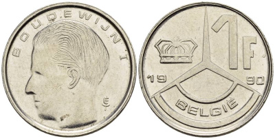 Бельгия 1 франк 1990 Belgie, Бодуэн I (1951-1993) KM 171 нержавеющая сталь 4528-1047