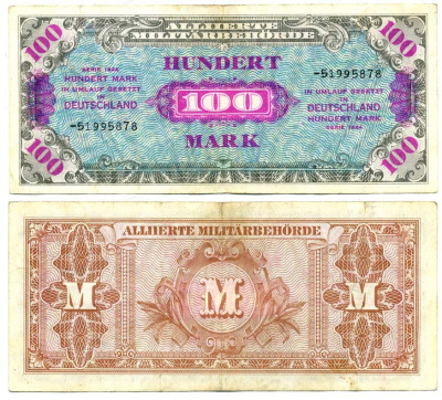 Германия, оккупация союзниками 100 марок 1944 8 цифр, без кода, выпуск СССР Pick 197 d, Розенберг 206 d бумага 7207-38-3