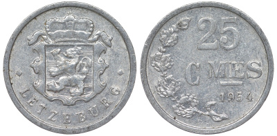 Люксембург 25 сантимов 1954 KM 45a.1 алюминий 4164-353