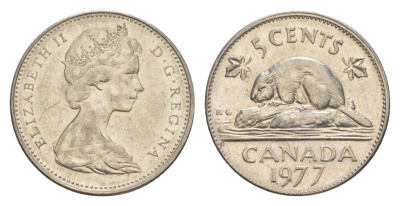 Канада 5 центов 1977 Елизавета II (1952-2022), бобр KM 60.1 никель 4630-725