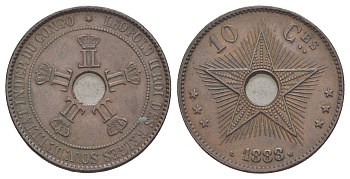 Бельгийское Конго 10 сантимов 1888 Свободное государство Конго, Леопольд II (1865-1909) KM 4 медь 4127-435