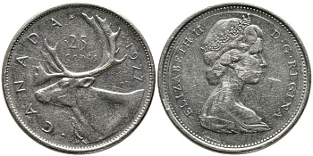 Канада 25 центов 1977 Елизавета II (1952-2022), олень карибу KM 62b никель 4543-737