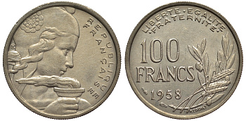 ФРАНЦИЯ 100 ФРАНКОВ 1958 KM 919.1 медно-никель UNC 1522-114