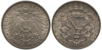 Бремен 2 марки 1904 J, Weege 59, J. 59, KM 250 серебро 00-819-64