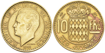 Монако 10 франков 1951 Ренье III (1949-2005) KM 130 алюминиевая бронза 188-1056