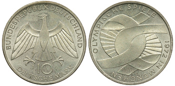 ФРГ 10 марок 1972 J, XX летние Олимпийские игры 1972 года в Мюнхене, символика KM 131, J.402 серебро 1520-232