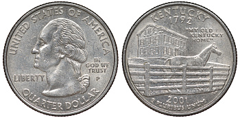 США 25 центов = квотер 2001 Р, серия штаты США, Кентукки KM 322 медь плакированная медно-никелем 4539-311