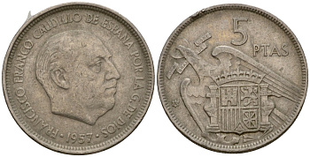Испания 5 песет 1957 (61) Франсиско Франко (1939-1975) KM 786 медно-никель 186-534