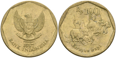 Индонезия 100 рупий 1997 гонки на быках KM 53 алюминиевая бронза 4364-2944