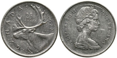 Канада 25 центов 1977 Елизавета II (1952-2022), олень карибу KM 62b никель 4543-737