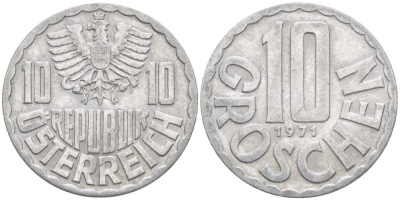 АВСТРИЯ 10 ГРОШЕЙ 1971 KM 2878 алюминий 211-729