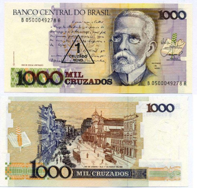 БРАЗИЛИЯ 1 КРУЗАДО НОВЫЙ 1989 НАДПЕЧАТКА НА 1000 КРУЗАДО, ПОДПИСЬ 26, СЕРИЯ В0500, МАЧАДО де АССИС Pick 216b бумага UNC (ПРЕСС) 6262-37-1-2