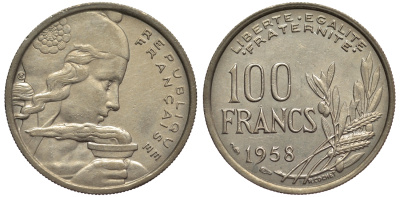 ФРАНЦИЯ 100 ФРАНКОВ 1958 KM 919.1 медно-никель UNC 1522-114