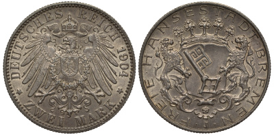 Бремен 2 марки 1904 J, Weege 59, J. 59, KM 250 серебро 00-819-64