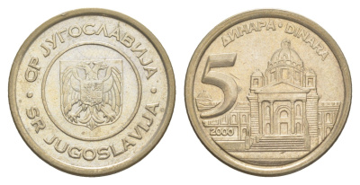 Югославия 5 динаров 2000 KM 182 медь цинк никель aUNC 4544-231