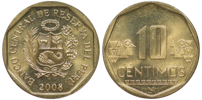 Перу 10 сентимо 2008 KM 305.4 латунь aUNC 4605-631