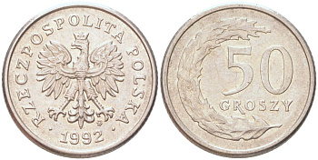 Польша 50 грошей 1992 Y 281 медно-никель UNC 4614-654