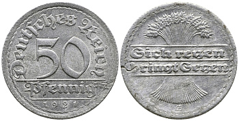 ГЕРМАНИЯ 50 ПФЕННИГОВ 1921 GF KM 27, J. 301 алюминий 24-1014