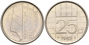 Нидерланды 25 центов 1982 Беатрикс (1980-2013) KM 204 никель 4564-115