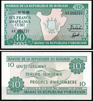 Бурунди 10 франков 1989 1 октября 1989 Pick 33b бумага UNC (пресс) 6299-34-1-1