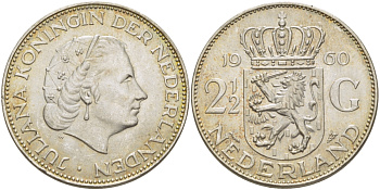 Нидерланды 2 1/2 гульдена 1960 Юлиана (1948-1980) KM 185 серебро 82-1215