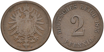 Германия 2 пфеннига 1875 C, старогербовка KM 2, J. 2 медь 4575-634
