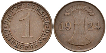Германия 1 рейхспфенниг 1924 D KM 37, J.313, Weege 2 медь 4585-549