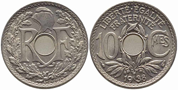 ФРАНЦИЯ 10 САНТИМОВ 1938 ТИП ЛИНДАЙЁ KM 866а, LE FRANC 138.25 медно-никель 108-234