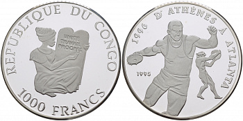 Конго 1000 франков 1995 олимпийские игры 1996 года в Атланте, дискобол, тираж 15000 экз. KM 23 серебро PROOF 01-173-43