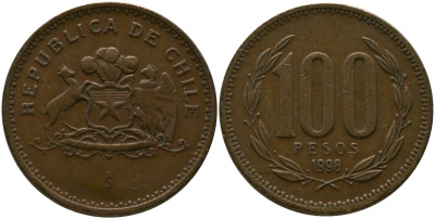 Чили 100 песо 1998 So KM 226.2, Schon 71 алюминиевая бронза 4544-1254