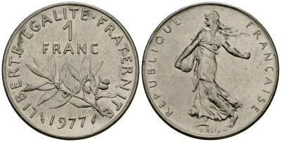 Франция 1 франк 1977 сеятель KM 925 никель 4135-854