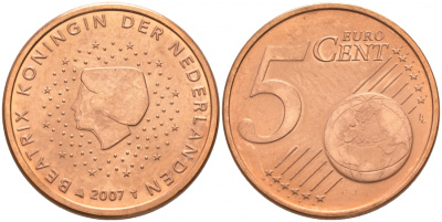 НИДЕРЛАНДЫ 5 ЕВРОЦЕНТОВ 2007 KM 236 сталь плакированная медью UNC 186-243