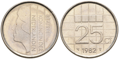 Нидерланды 25 центов 1982 Беатрикс (1980-2013) KM 204 никель 4564-115