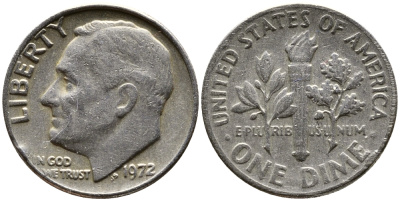 США 10 ЦЕНТОВ = 1 ДАЙМ 1972 РУЗВЕЛЬТ KM 195а медь плакированная медно-никелем 26-863